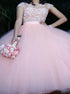 Ball Gown Cap Sleeves Pink Tulle Appliques Prom Dresses LBQ3540